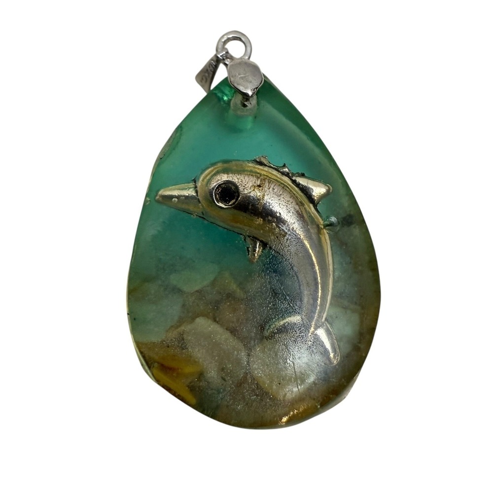 18K GP White Gold Dolphin Pendant Necklace Charm Resin Stone Sea Life Jewelry
